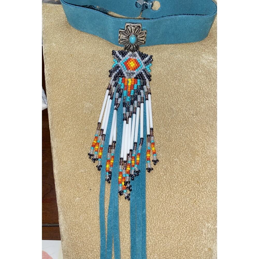 NATIVE STYLE Artisan Turquoise BEADED ETHNIC Suede NECKLACE CHOKER Fringe Boho